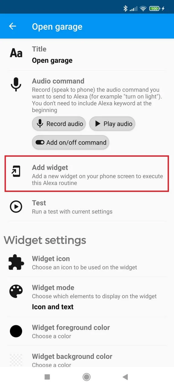 Buttons for Alexa screen showing the Add widget option