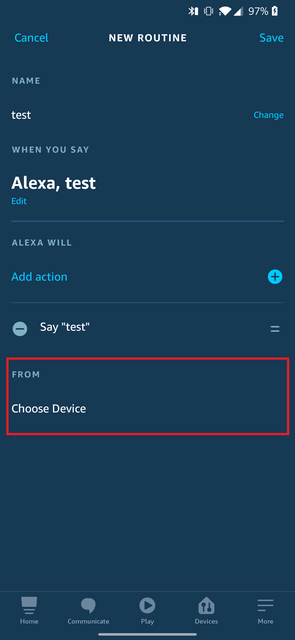 Alexa routine output device setting highlighted