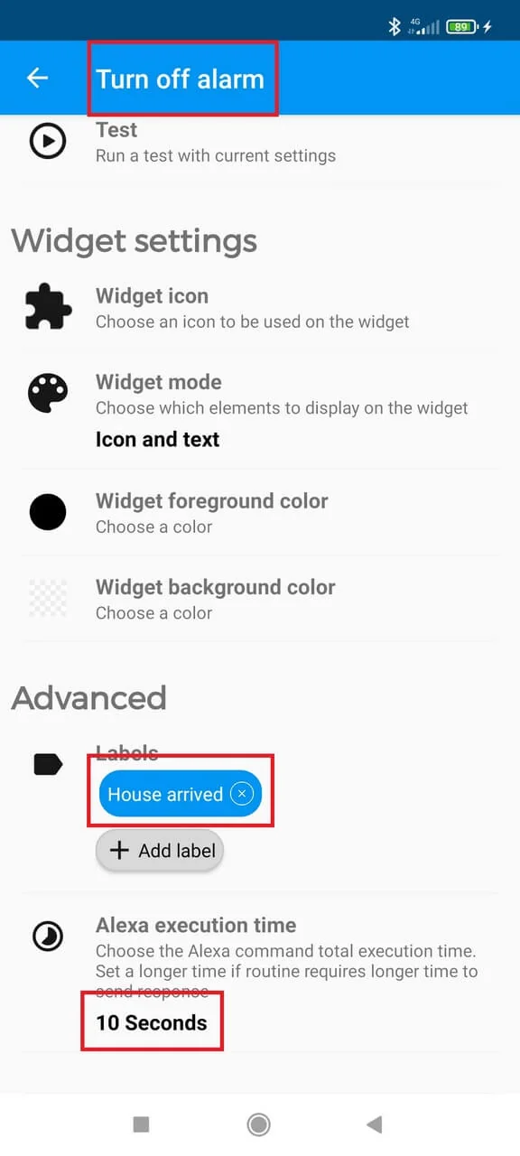 Buttons for Alexa routine settings with a label assigned