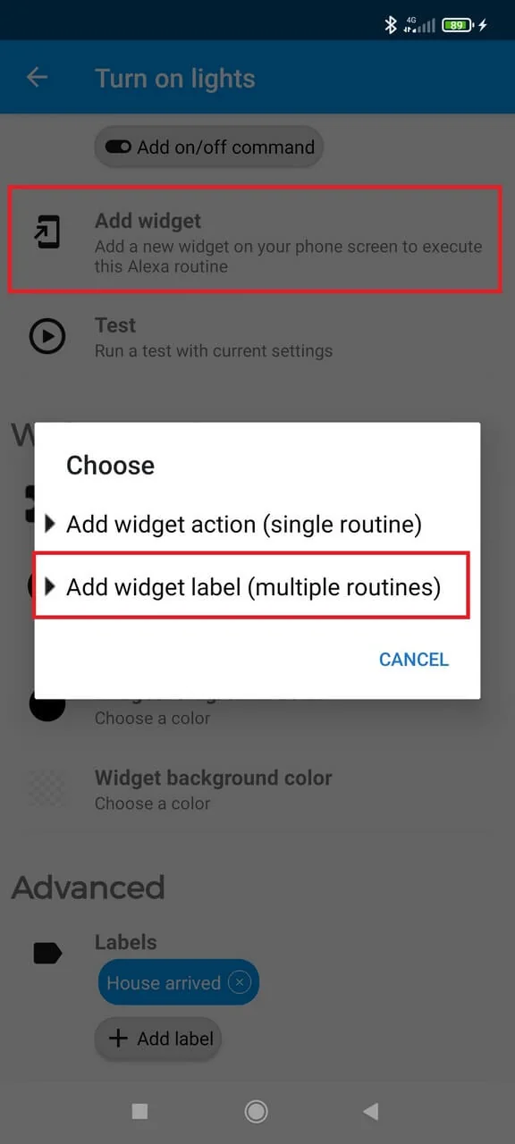 Buttons for Alexa label widget for a group of routines