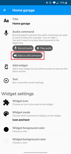 Buttons for Alexa Add on/off command option highlighted